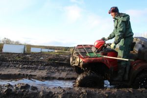Mand med traktor sidder fast i mudderet