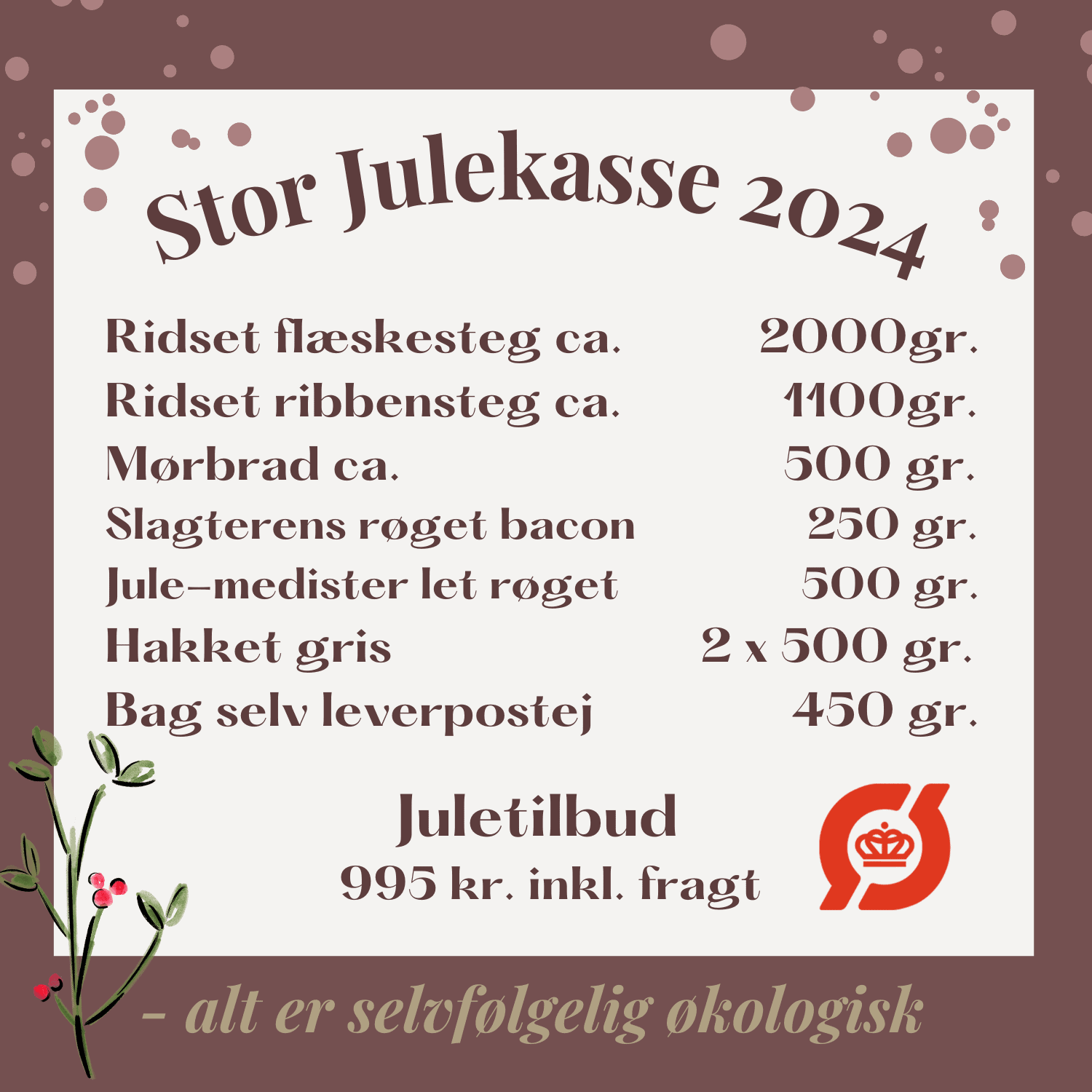 Julekasser med øko specialiteter fra Hestbjerg Økologi. Økologisk grisekød.